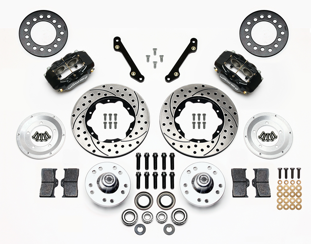 Wilwood Forged Dynalite Pro Series Front Brake Kit Parts Laid Out - Black Powder Coat Caliper - SRP Drilled & Slotted Rotor