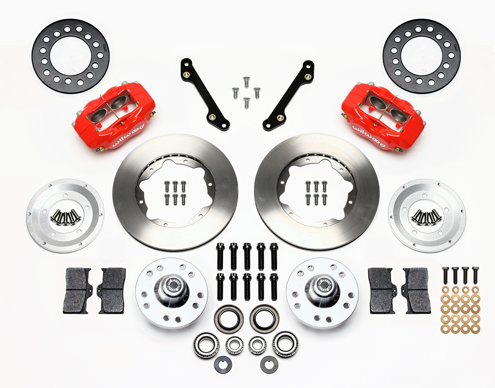 Wilwood Forged Dynalite Pro Series Front Brake Kit Parts Laid Out - Red Powder Coat Caliper - Plain Face Rotor