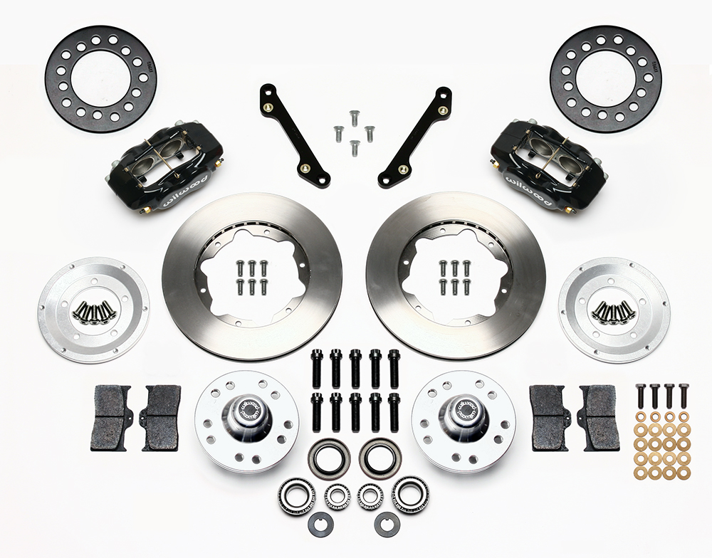 Wilwood Forged Dynalite Pro Series Front Brake Kit Parts Laid Out - Black Powder Coat Caliper - Plain Face Rotor