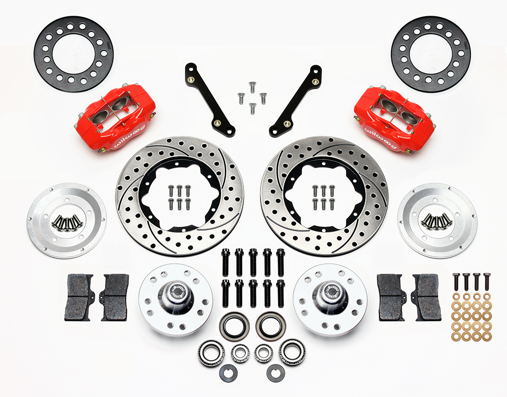 Wilwood Forged Dynalite Pro Series Front Brake Kit Parts Laid Out - Red Powder Coat Caliper - SRP Drilled & Slotted Rotor