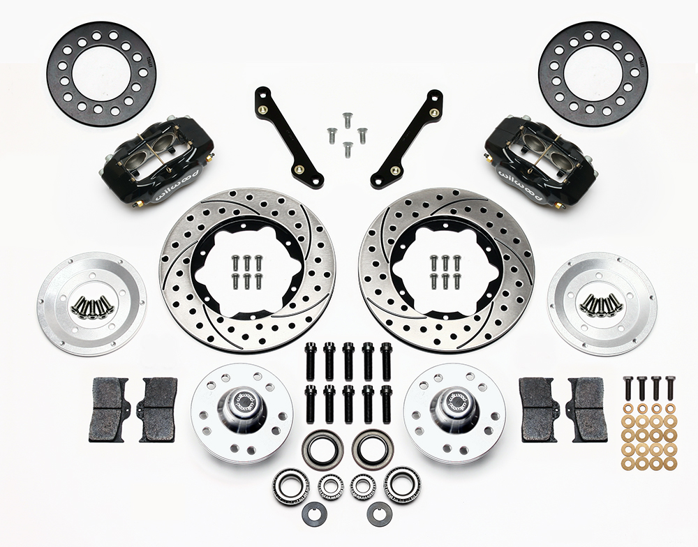 Wilwood Forged Dynalite Pro Series Front Brake Kit Parts Laid Out - Black Powder Coat Caliper - SRP Drilled & Slotted Rotor