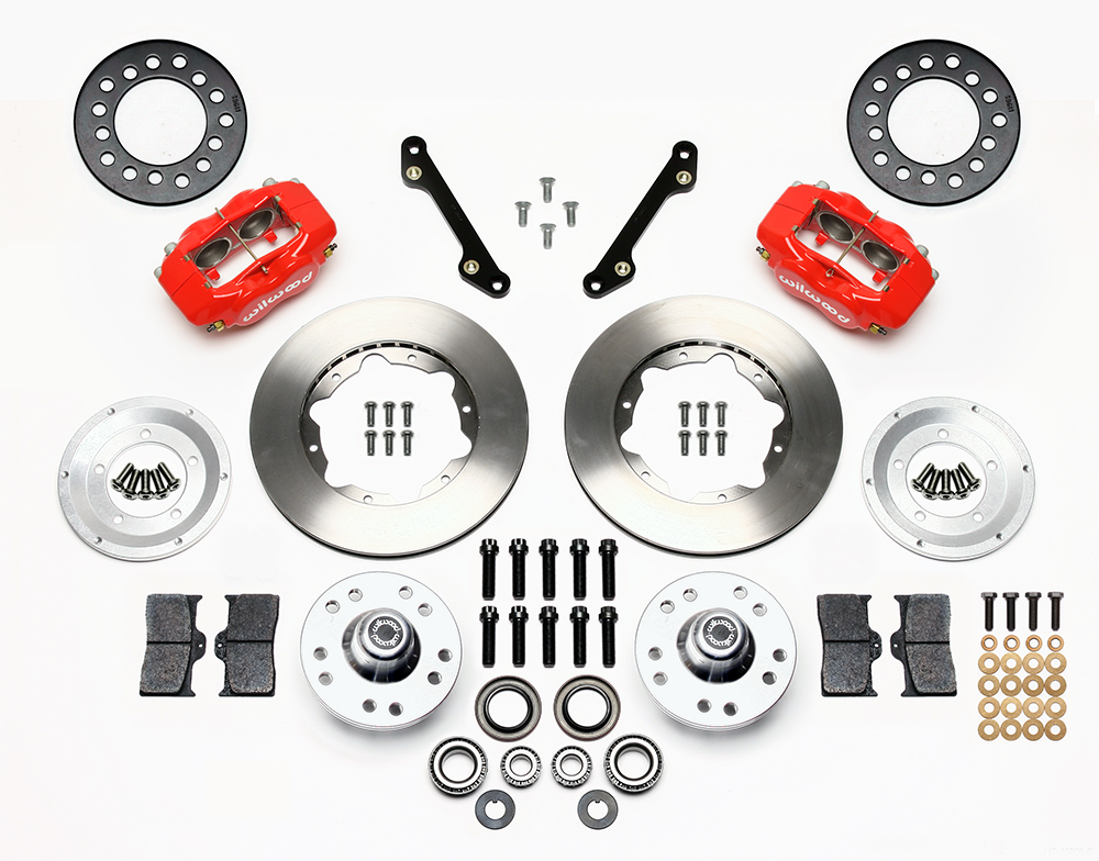 Wilwood Forged Dynalite Pro Series Front Brake Kit Parts Laid Out - Red Powder Coat Caliper - Plain Face Rotor