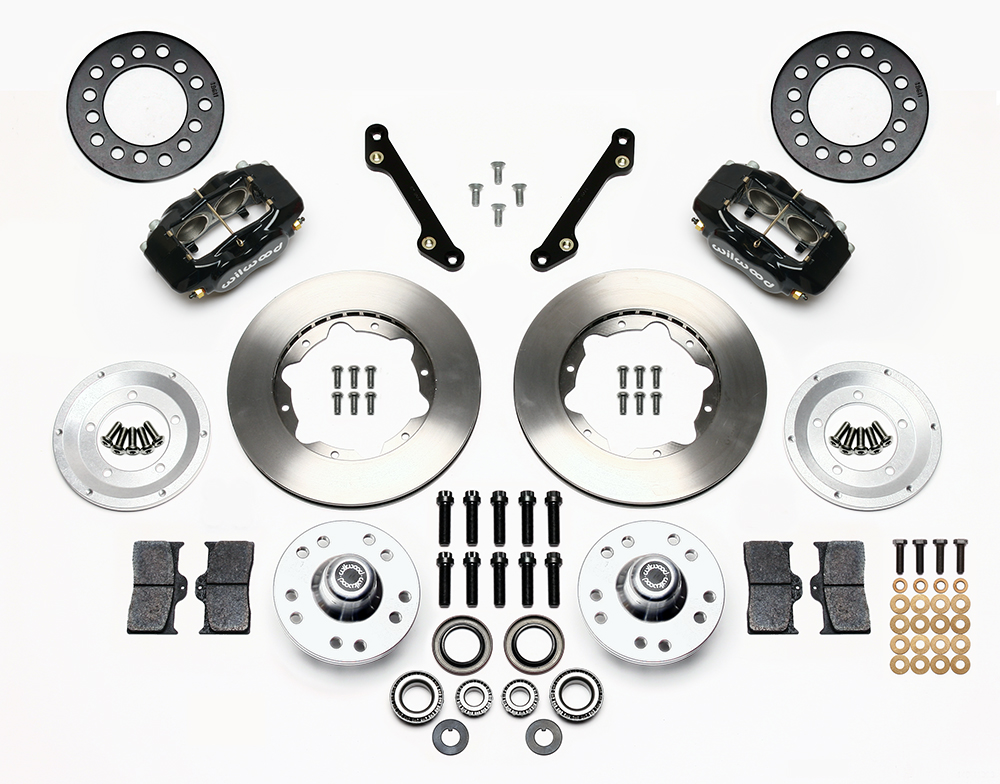 Wilwood Forged Dynalite Pro Series Front Brake Kit Parts Laid Out - Black Powder Coat Caliper - Plain Face Rotor