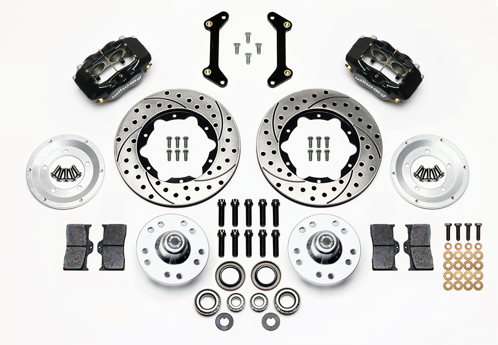 Wilwood Forged Dynalite Pro Series Front Brake Kit Parts Laid Out - Black Powder Coat Caliper - SRP Drilled & Slotted Rotor