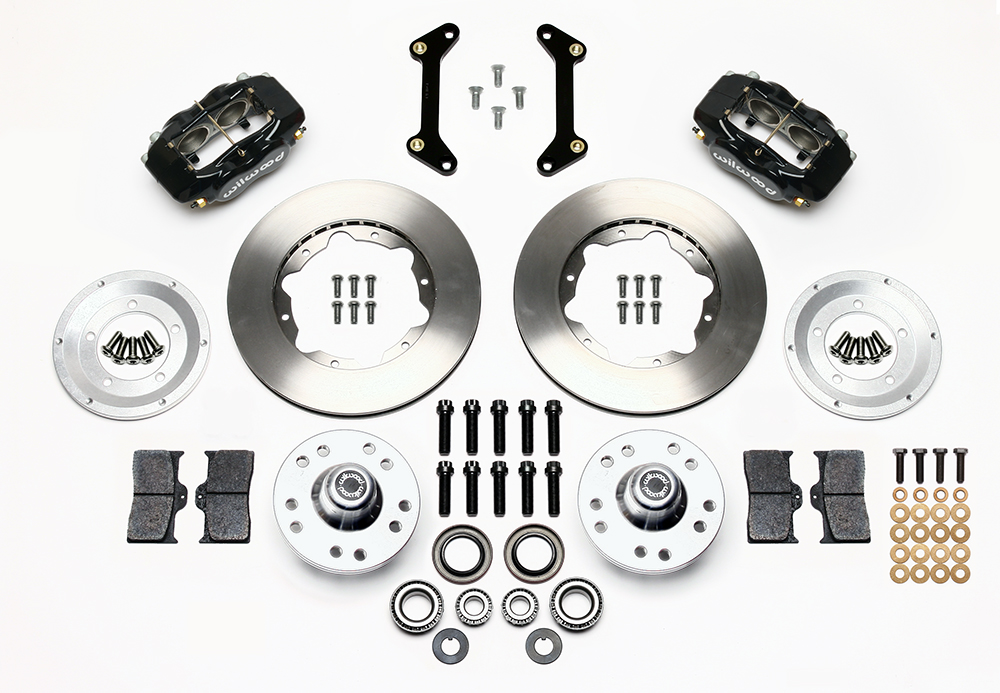 Wilwood Forged Dynalite Pro Series Front Brake Kit Parts Laid Out - Black Powder Coat Caliper - Plain Face Rotor