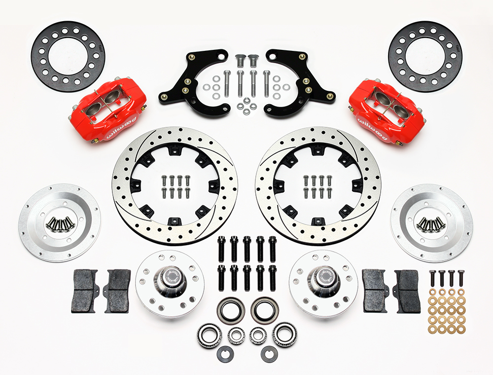 Wilwood Forged Dynalite Pro Series Front Brake Kit Parts Laid Out - Red Powder Coat Caliper - SRP Drilled & Slotted Rotor