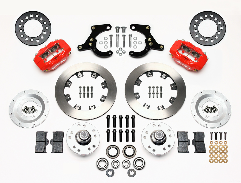 Wilwood Forged Dynalite Pro Series Front Brake Kit Parts Laid Out - Red Powder Coat Caliper - Plain Face Rotor