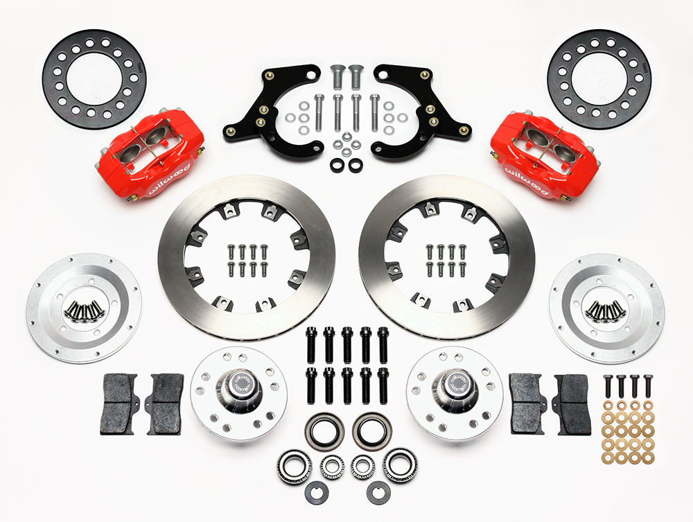 Wilwood Forged Dynalite Pro Series Front Brake Kit Parts Laid Out - Red Powder Coat Caliper - Plain Face Rotor