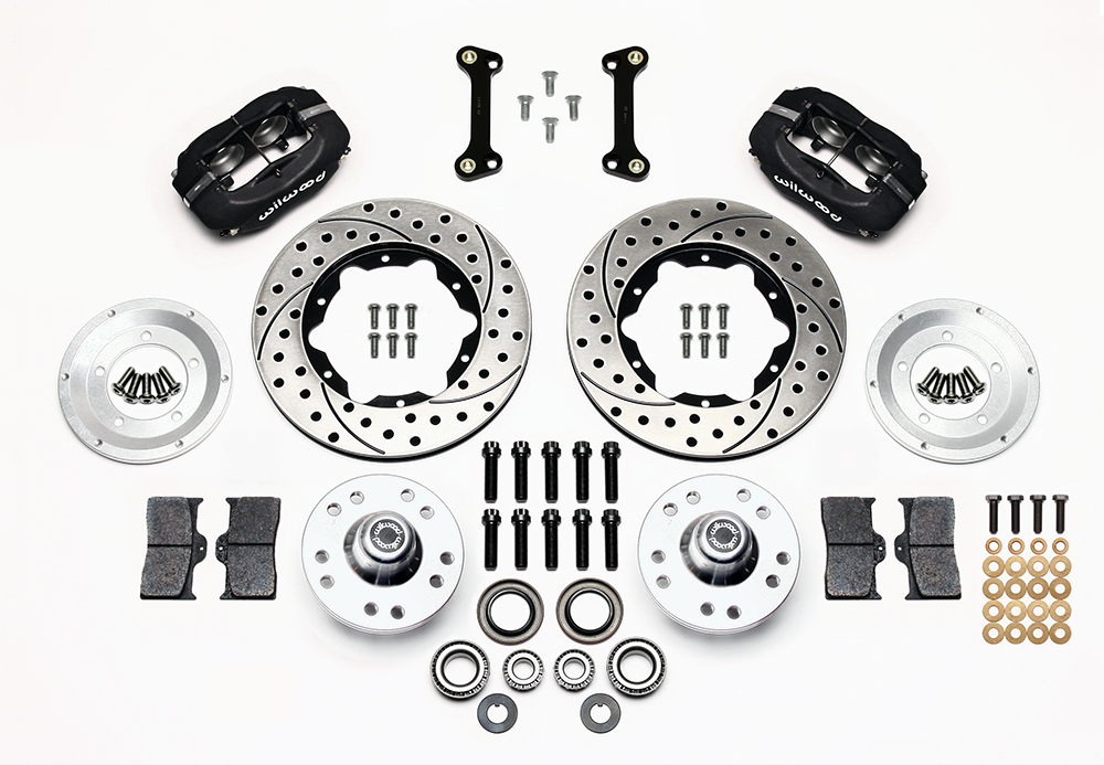 Wilwood Forged Dynalite Pro Series Front Brake Kit Parts Laid Out - Black Powder Coat Caliper - SRP Drilled & Slotted Rotor