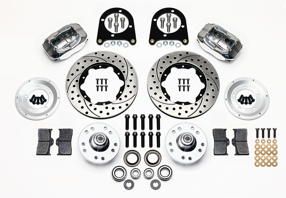 Wilwood Forged Dynalite Pro Series Front Brake Kit Parts Laid Out - Polish Caliper - SRP Drilled & Slotted Rotor