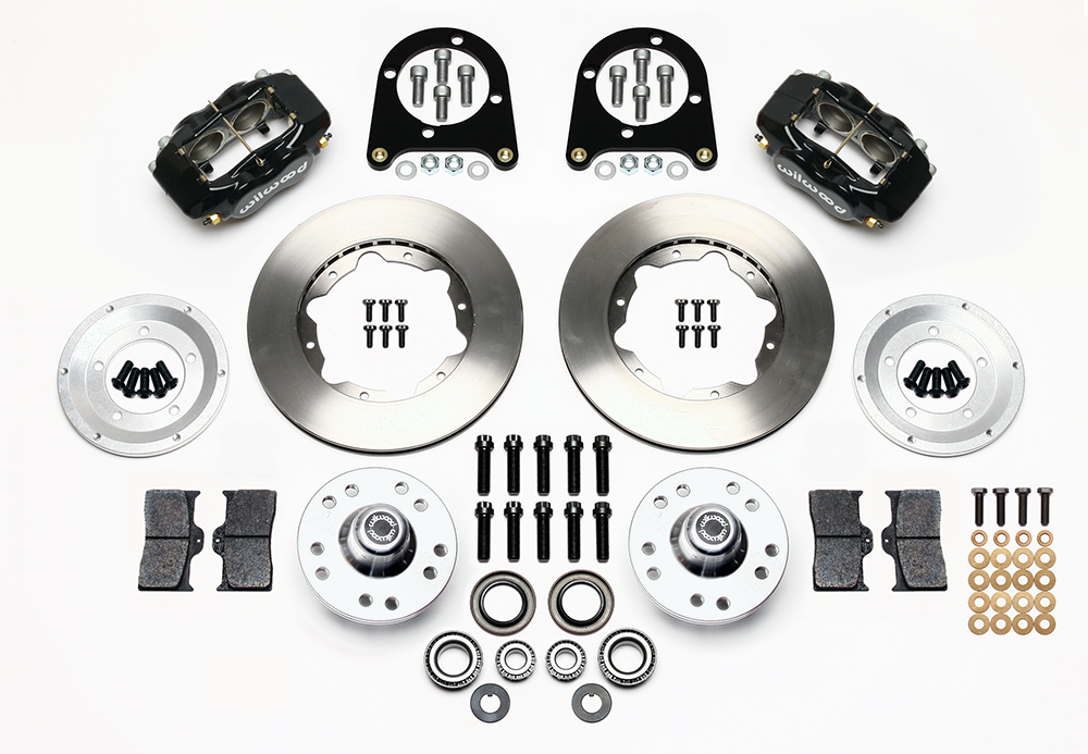 Wilwood Forged Dynalite Pro Series Front Brake Kit Parts Laid Out - Black Powder Coat Caliper - Plain Face Rotor