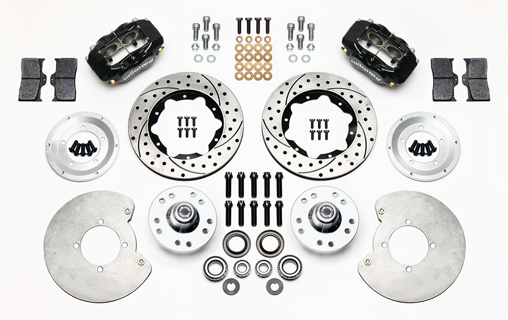 Wilwood Forged Dynalite Pro Series Front Brake Kit Parts Laid Out - Black Powder Coat Caliper - SRP Drilled & Slotted Rotor