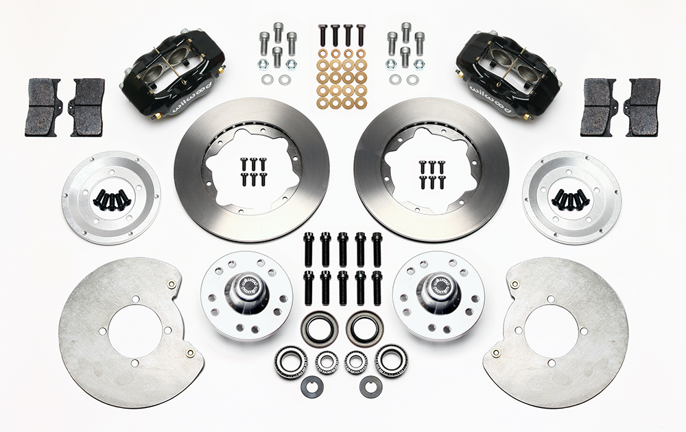 Wilwood Forged Dynalite Pro Series Front Brake Kit Parts Laid Out - Black Powder Coat Caliper - Plain Face Rotor