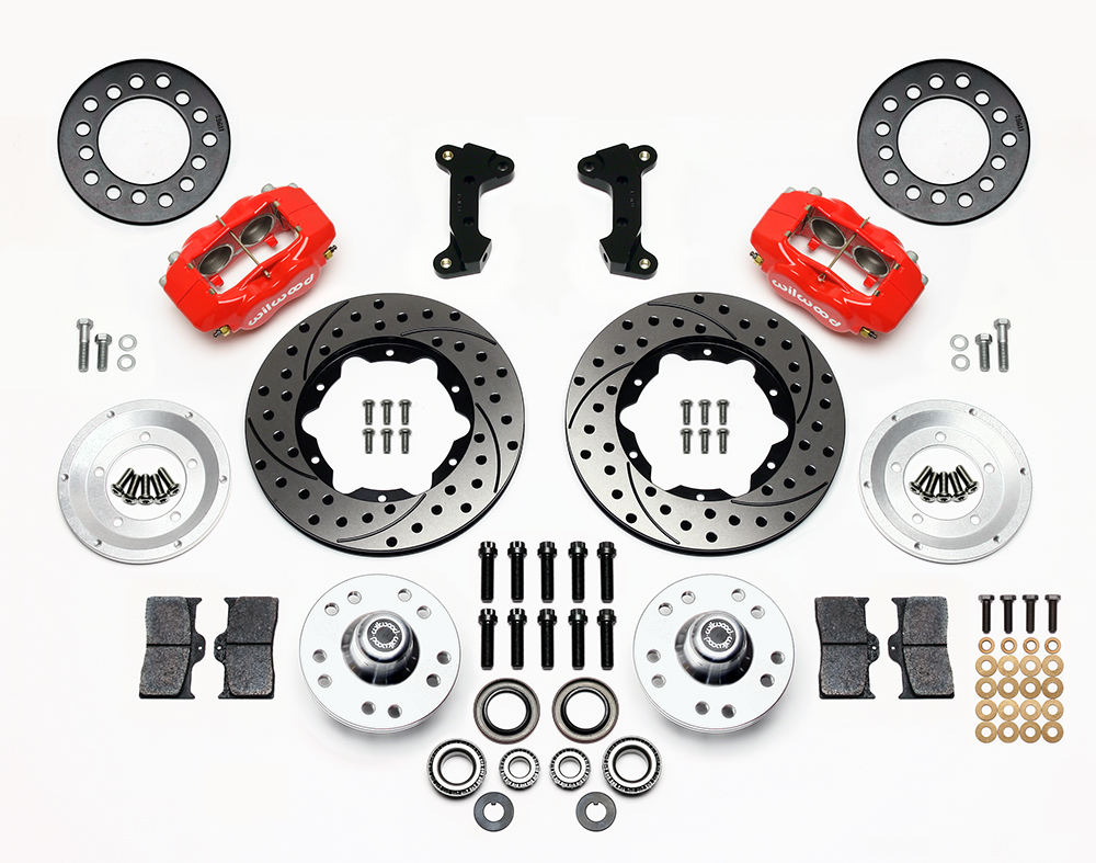 Wilwood Forged Dynalite Pro Series Front Brake Kit Parts Laid Out - Red Powder Coat Caliper - SRP Drilled & Slotted Rotor