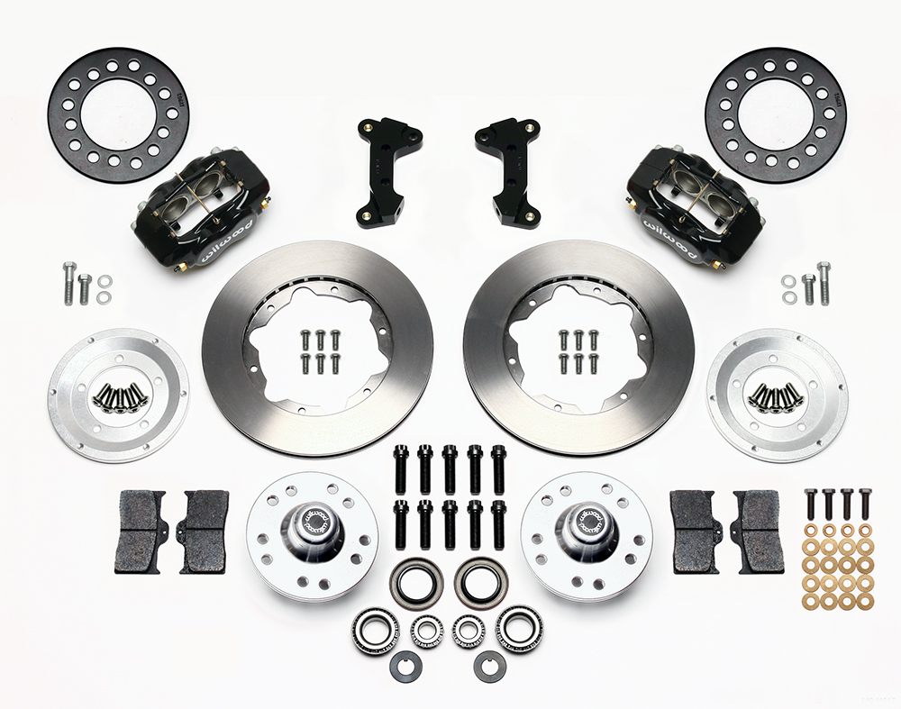 Wilwood Forged Dynalite Pro Series Front Brake Kit Parts Laid Out - Black Powder Coat Caliper - Plain Face Rotor