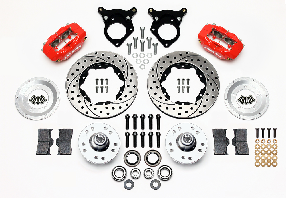 Wilwood Forged Dynalite Pro Series Front Brake Kit Parts Laid Out - Red Powder Coat Caliper - SRP Drilled & Slotted Rotor