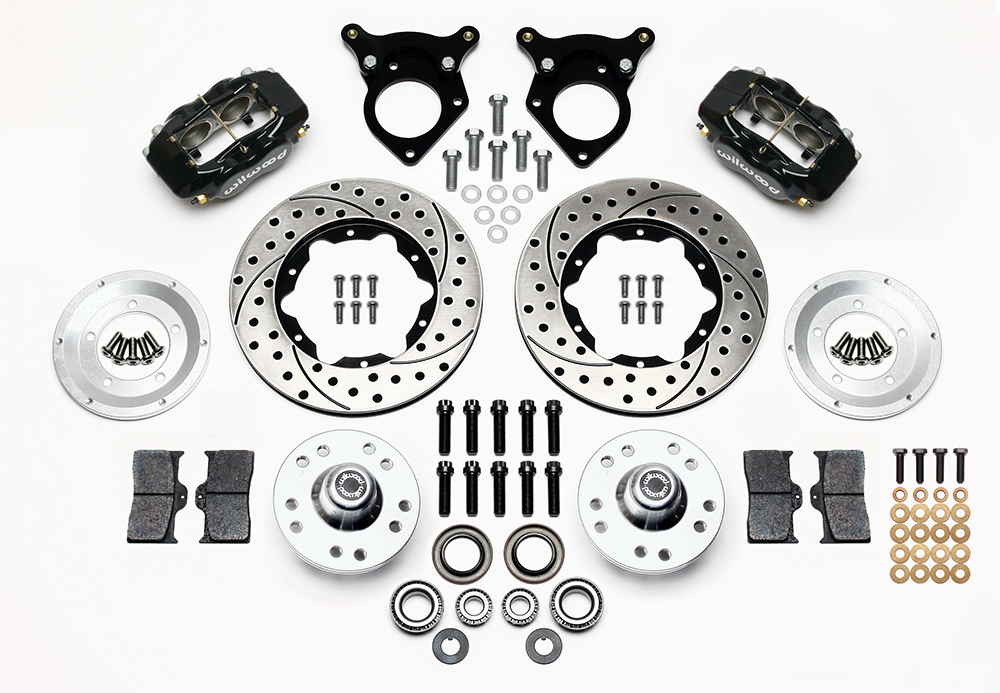 Wilwood Forged Dynalite Pro Series Front Brake Kit Parts Laid Out - Black Powder Coat Caliper - SRP Drilled & Slotted Rotor