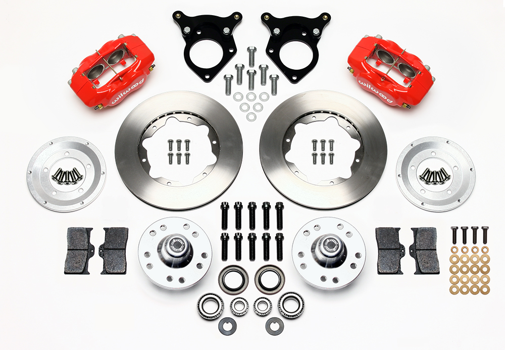 Wilwood Forged Dynalite Pro Series Front Brake Kit Parts Laid Out - Red Powder Coat Caliper - Plain Face Rotor