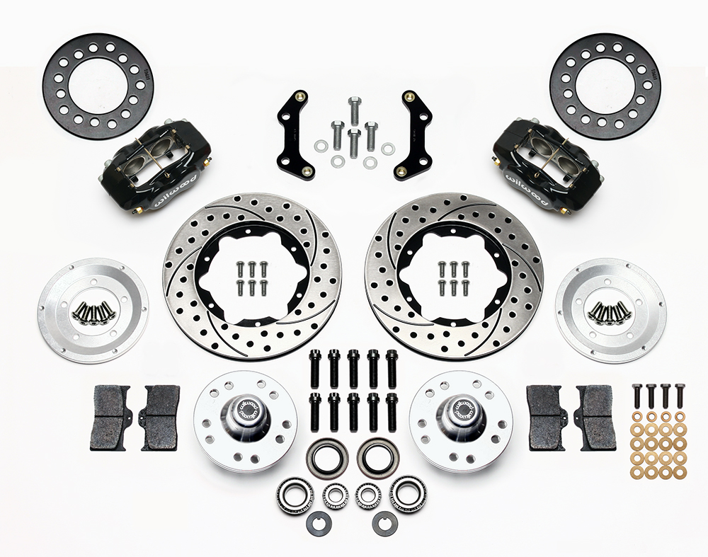 Wilwood Forged Dynalite Pro Series Front Brake Kit Parts Laid Out - Black Powder Coat Caliper - SRP Drilled & Slotted Rotor