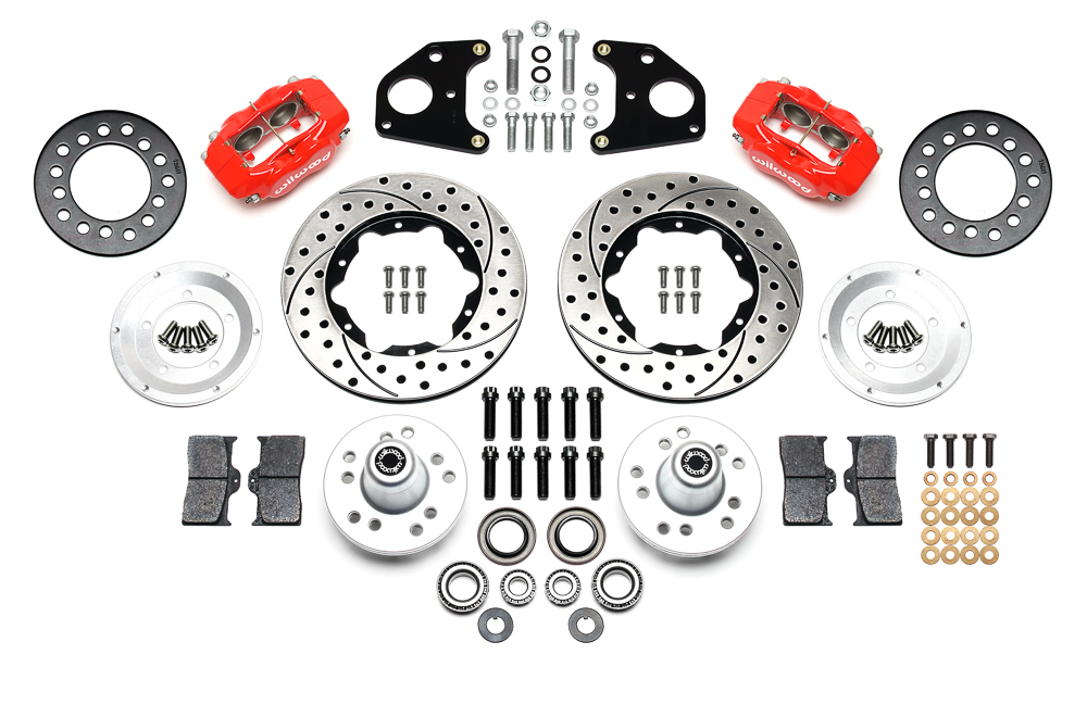 Wilwood Forged Dynalite Pro Series Front Brake Kit Parts Laid Out - Red Powder Coat Caliper - SRP Drilled & Slotted Rotor