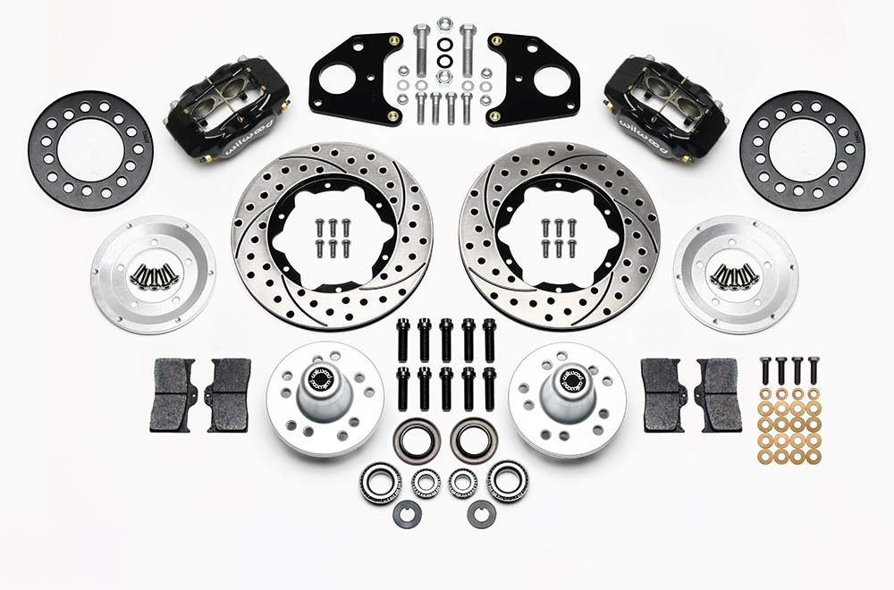 Wilwood Forged Dynalite Pro Series Front Brake Kit Parts Laid Out - Black Powder Coat Caliper - SRP Drilled & Slotted Rotor