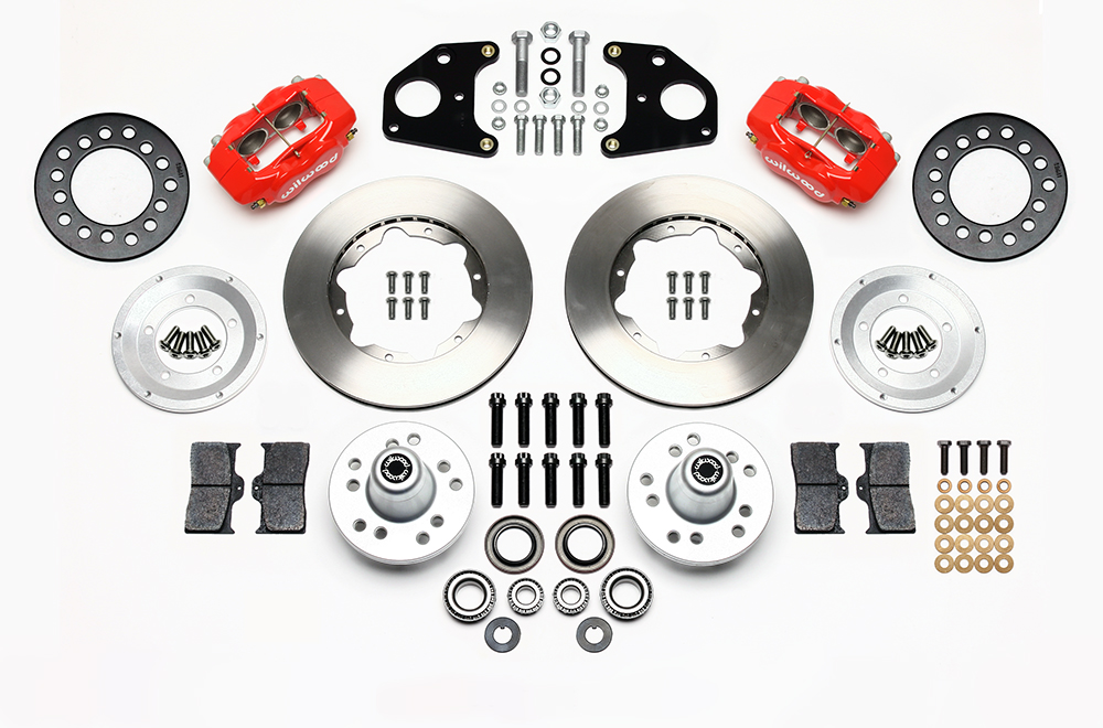 Wilwood Forged Dynalite Pro Series Front Brake Kit Parts Laid Out - Red Powder Coat Caliper - Plain Face Rotor