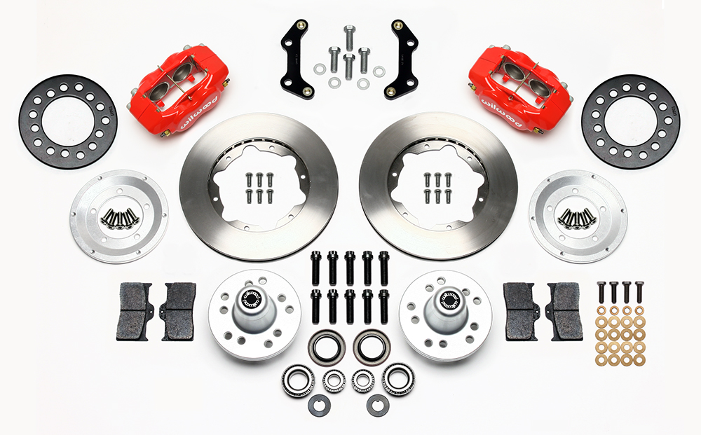 Wilwood Forged Dynalite Pro Series Front Brake Kit Parts Laid Out - Red Powder Coat Caliper - Plain Face Rotor