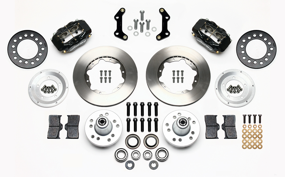 Wilwood Forged Dynalite Pro Series Front Brake Kit Parts Laid Out - Black Powder Coat Caliper - Plain Face Rotor