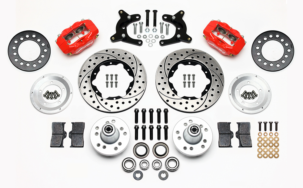 Wilwood Forged Dynalite Pro Series Front Brake Kit Parts Laid Out - Red Powder Coat Caliper - SRP Drilled & Slotted Rotor