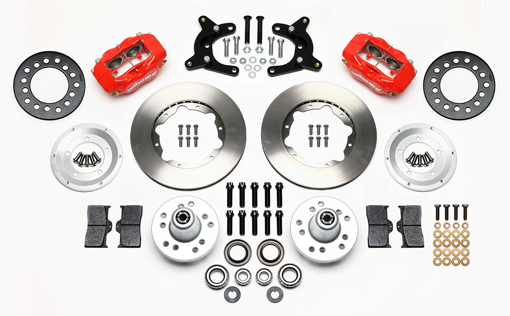 Wilwood Forged Dynalite Pro Series Front Brake Kit Parts Laid Out - Red Powder Coat Caliper - Plain Face Rotor