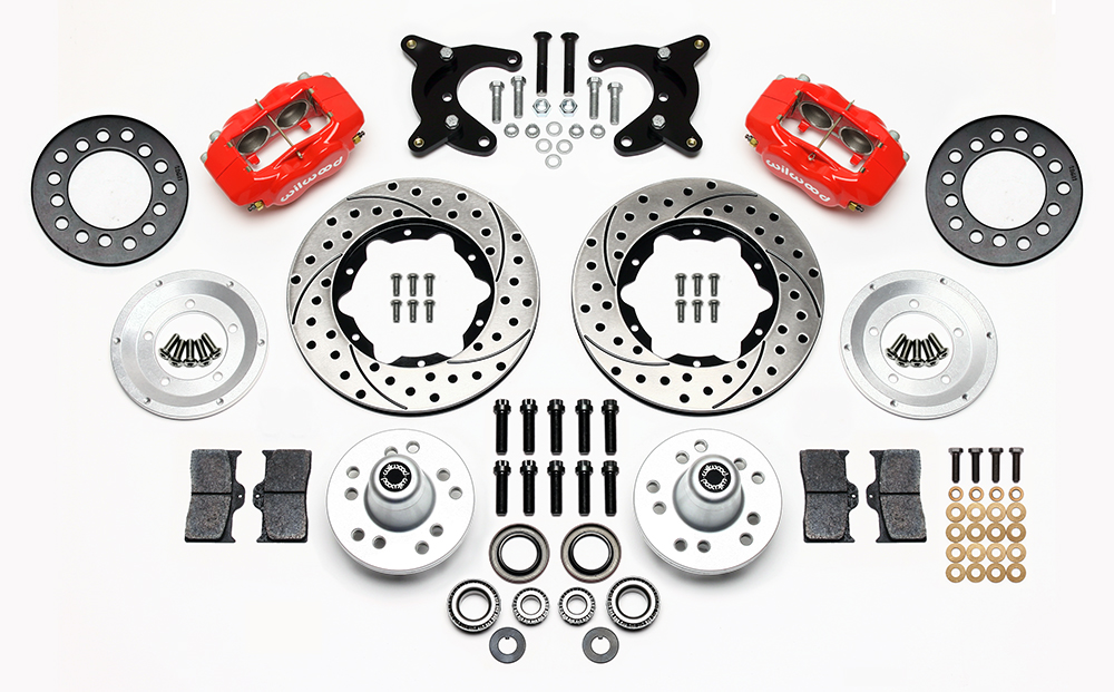 Wilwood Forged Dynalite Pro Series Front Brake Kit Parts Laid Out - Red Powder Coat Caliper - SRP Drilled & Slotted Rotor