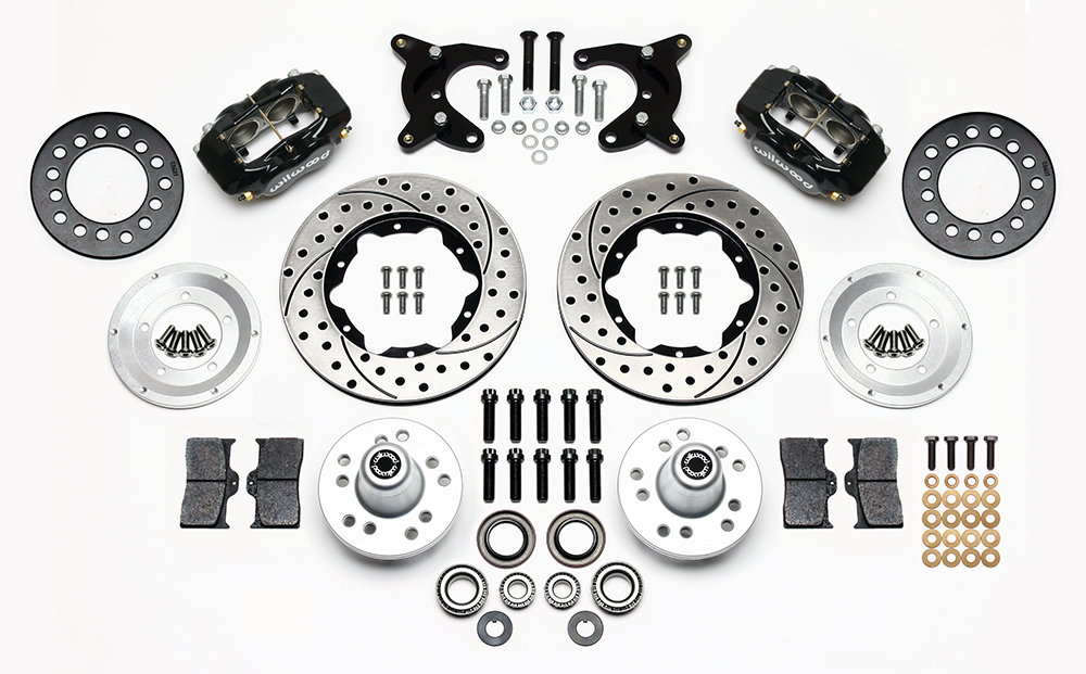 Wilwood Forged Dynalite Pro Series Front Brake Kit Parts Laid Out - Black Powder Coat Caliper - SRP Drilled & Slotted Rotor