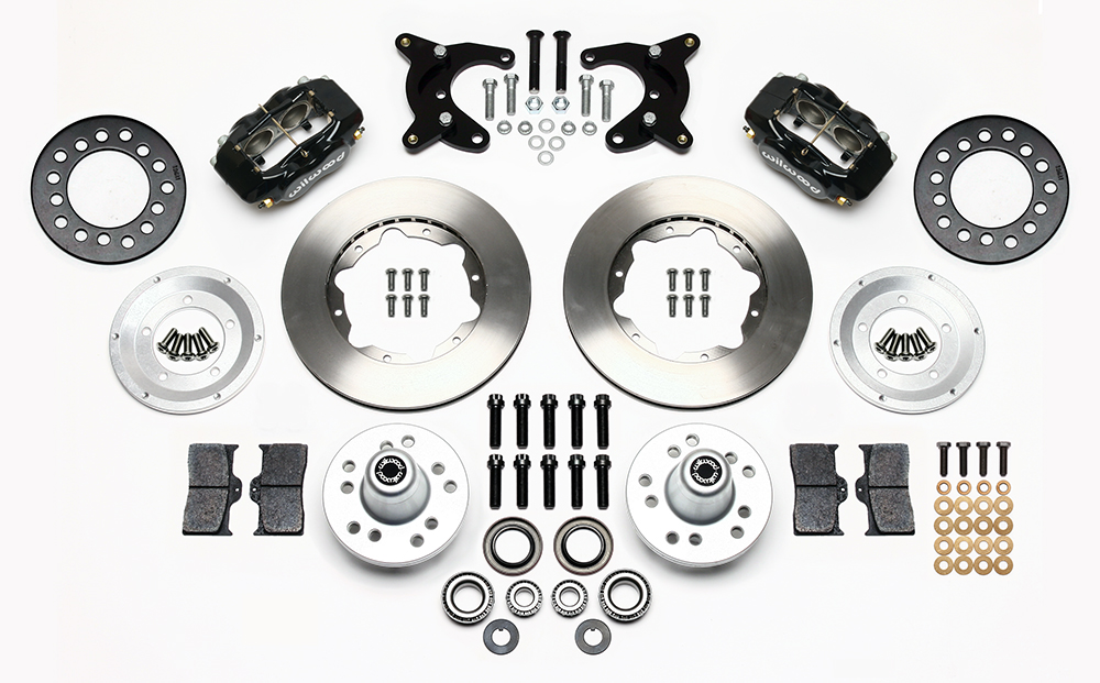 Wilwood Forged Dynalite Pro Series Front Brake Kit Parts Laid Out - Black Powder Coat Caliper - Plain Face Rotor