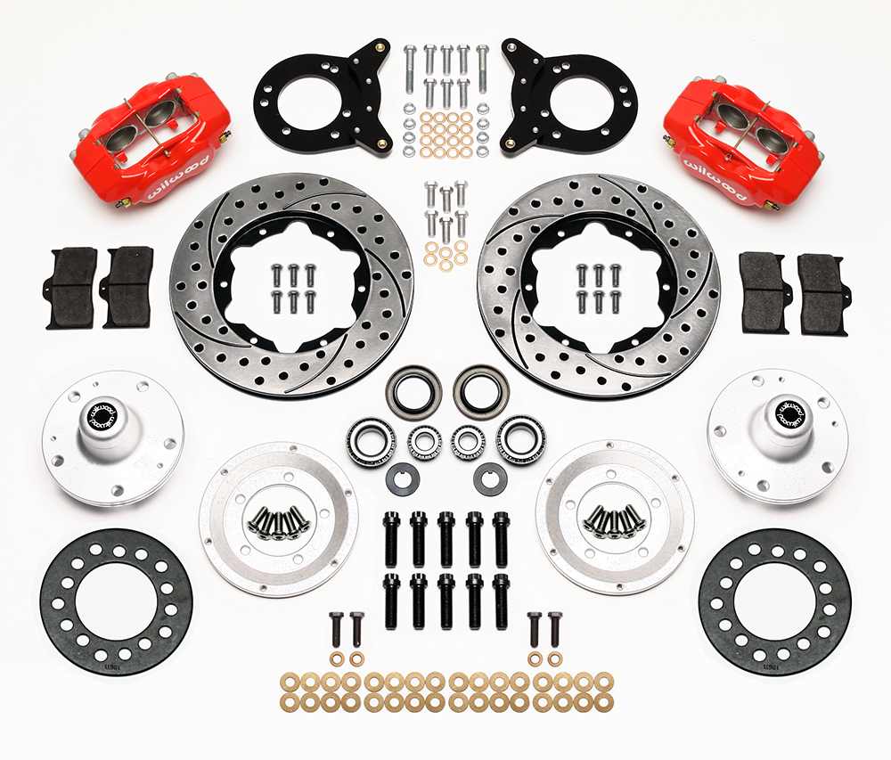 Wilwood Forged Dynalite Pro Series Front Brake Kit Parts Laid Out - Red Powder Coat Caliper - SRP Drilled & Slotted Rotor