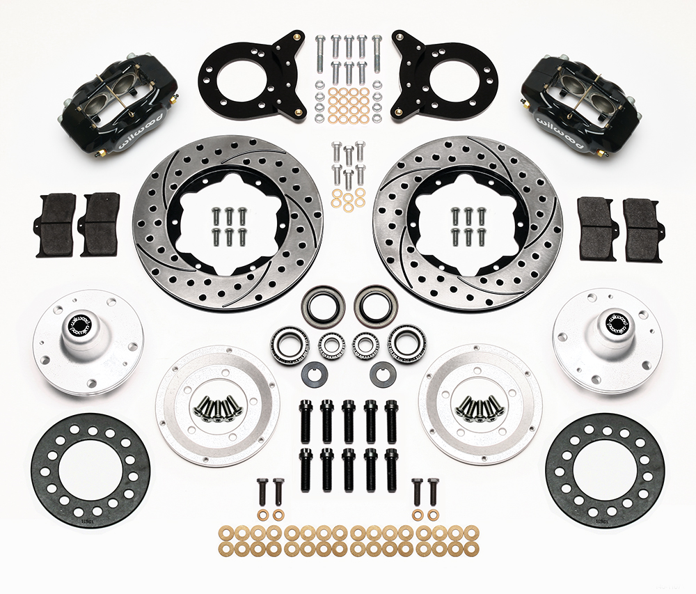 Wilwood Forged Dynalite Pro Series Front Brake Kit Parts Laid Out - Black Powder Coat Caliper - SRP Drilled & Slotted Rotor