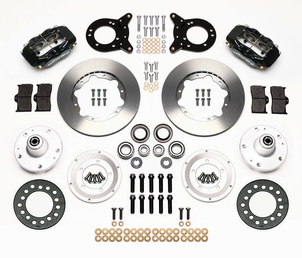 Wilwood Forged Dynalite Pro Series Front Brake Kit Parts Laid Out - Black Powder Coat Caliper - Plain Face Rotor