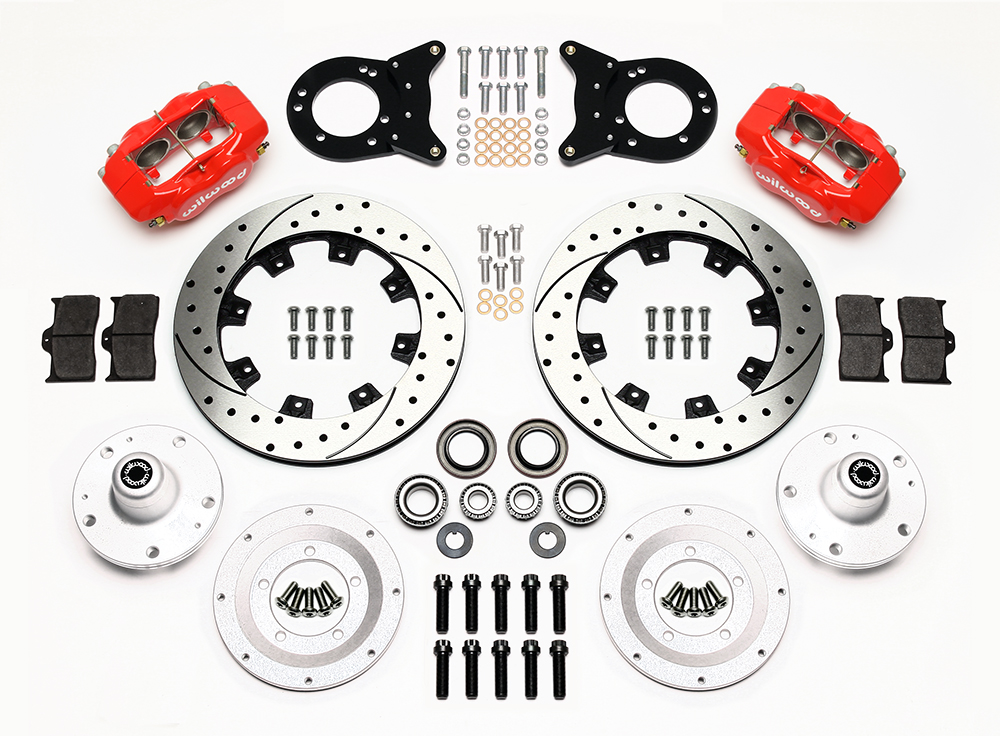 Wilwood Forged Dynalite Big Brake Front Brake Kit (Hub) Parts Laid Out - Red Powder Coat Caliper - SRP Drilled & Slotted Rotor