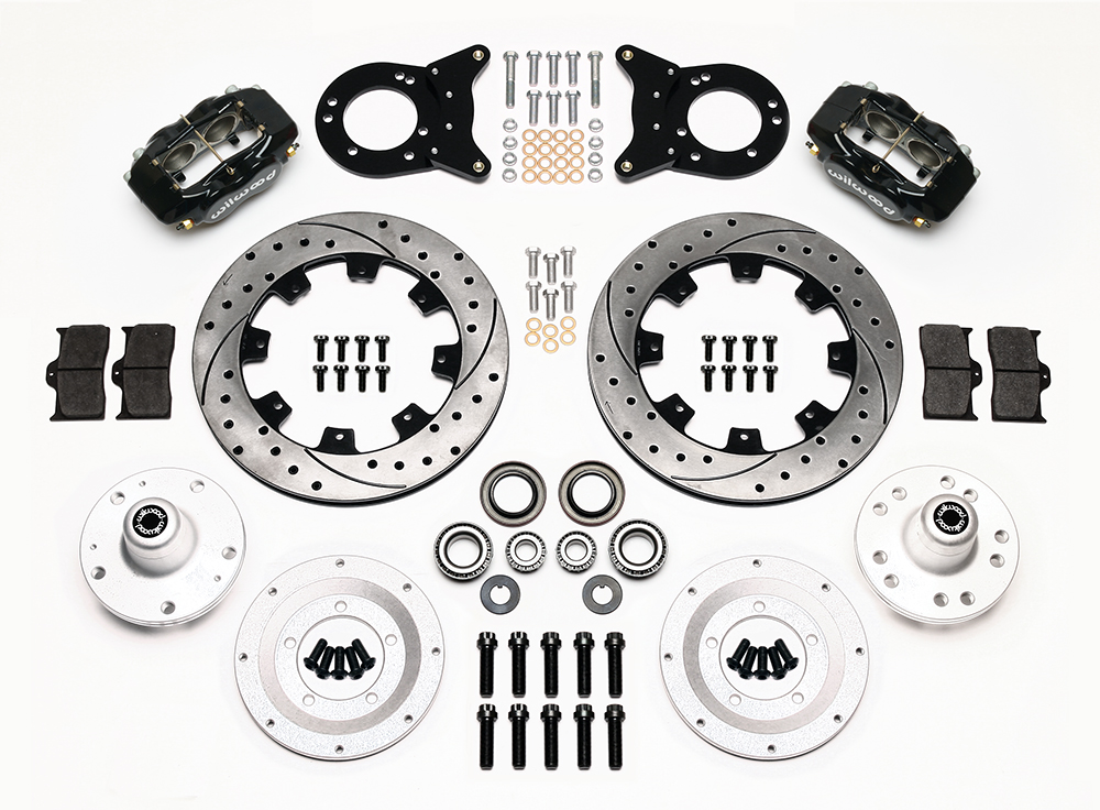 Wilwood Forged Dynalite Big Brake Front Brake Kit (Hub) Parts Laid Out - Black Powder Coat Caliper - SRP Drilled & Slotted Rotor