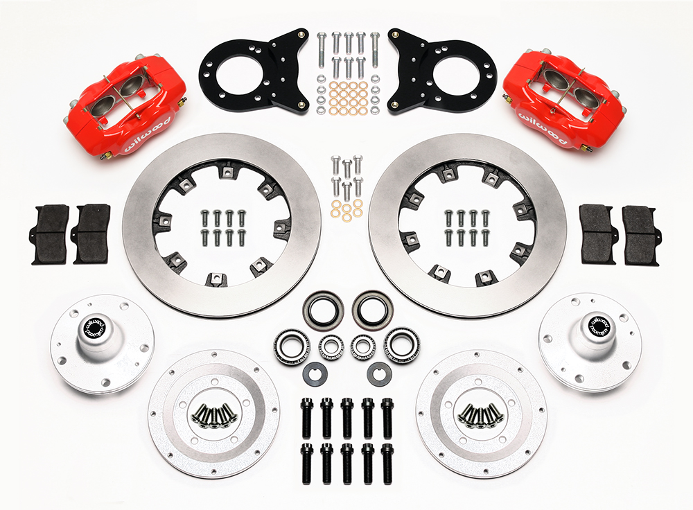 Wilwood Forged Dynalite Big Brake Front Brake Kit (Hub) Parts Laid Out - Red Powder Coat Caliper - Plain Face Rotor