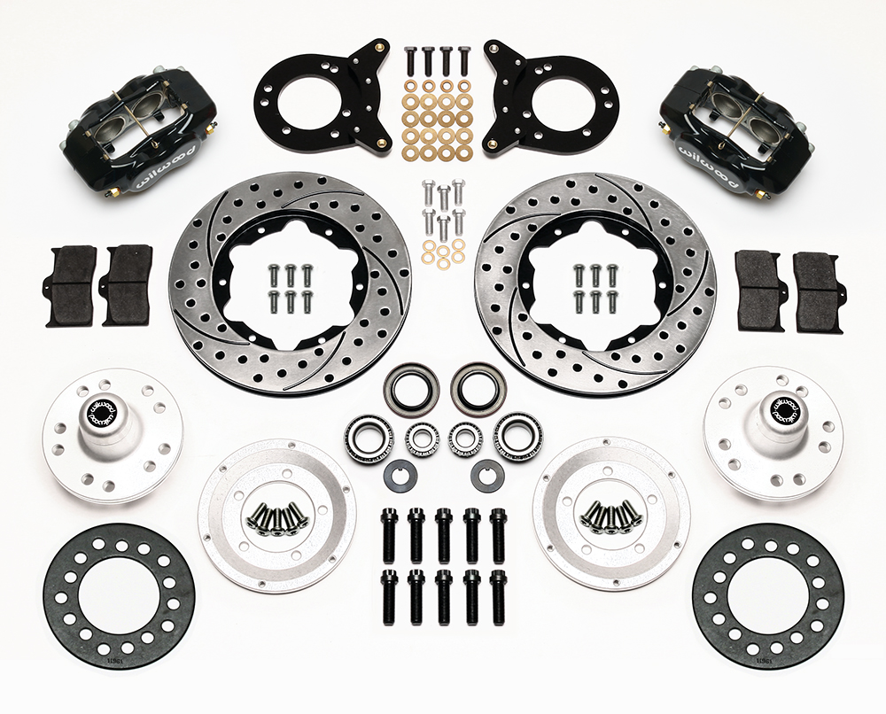 Wilwood Forged Dynalite Pro Series Front Brake Kit Parts Laid Out - Black Powder Coat Caliper - SRP Drilled & Slotted Rotor