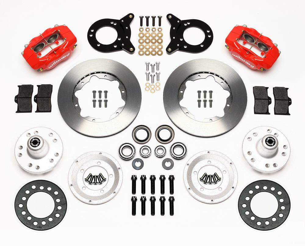 Wilwood Forged Dynalite Pro Series Front Brake Kit Parts Laid Out - Red Powder Coat Caliper - Plain Face Rotor