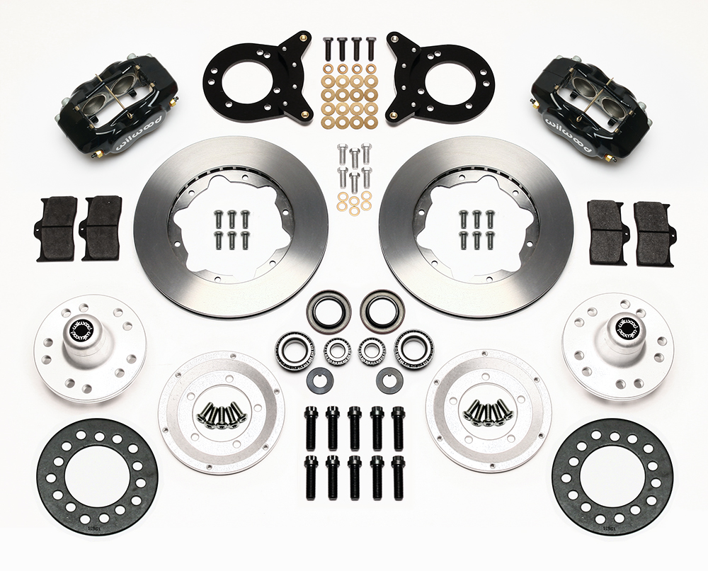 Wilwood Forged Dynalite Pro Series Front Brake Kit Parts Laid Out - Black Powder Coat Caliper - Plain Face Rotor