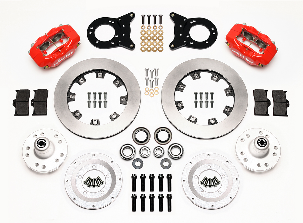 Wilwood Forged Dynalite Big Brake Front Brake Kit (Hub) Parts Laid Out - Red Powder Coat Caliper - Plain Face Rotor