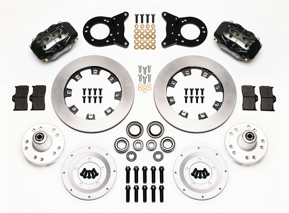 Wilwood Forged Dynalite Big Brake Front Brake Kit (Hub) Parts Laid Out - Black Powder Coat Caliper - Plain Face Rotor