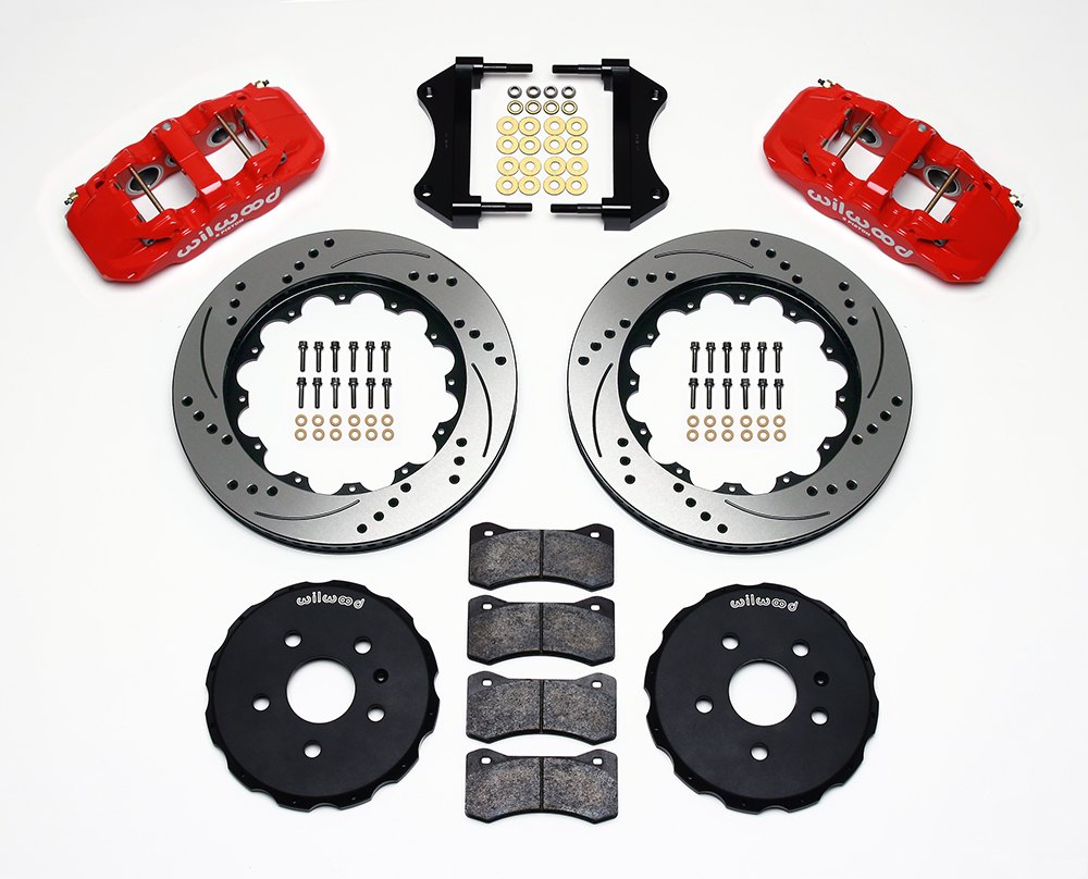 Wilwood AERO6 Big Brake Front Brake Kit Parts Laid Out - Red Powder Coat Caliper - SRP Drilled & Slotted Rotor