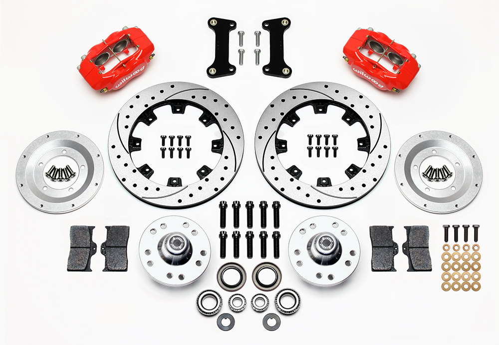 Wilwood Forged Dynalite Big Brake Front Brake Kit (Hub) Parts Laid Out - Red Powder Coat Caliper - SRP Drilled & Slotted Rotor