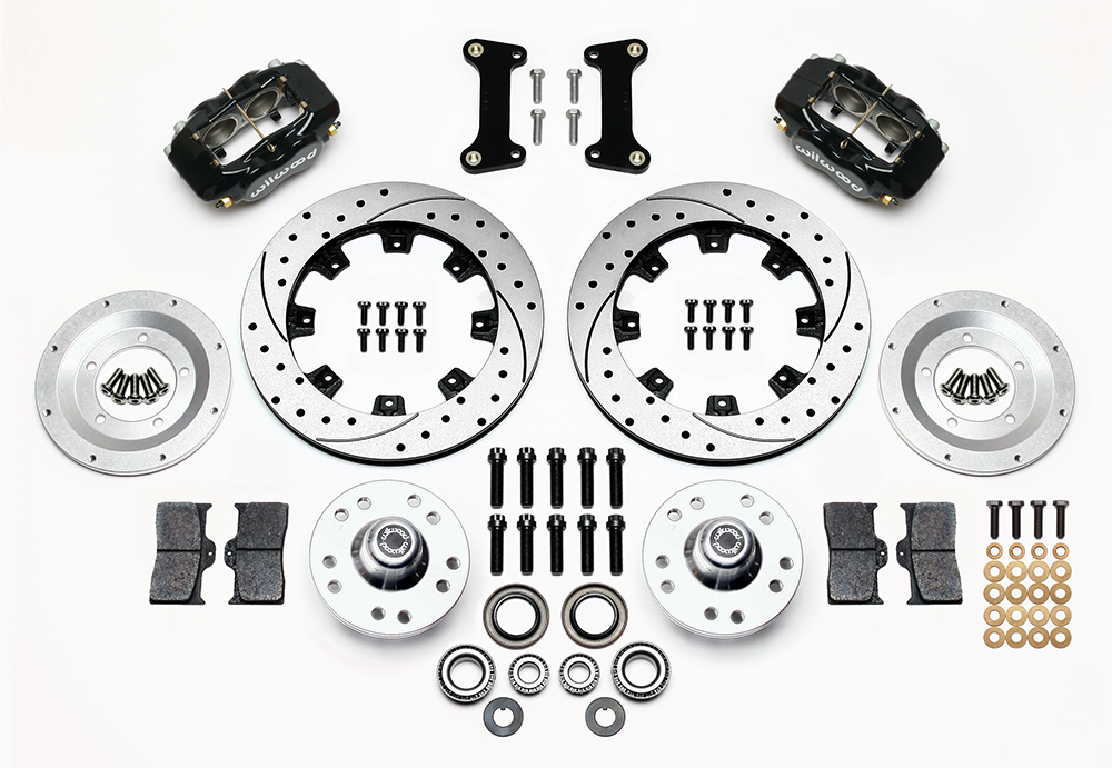 Wilwood Forged Dynalite Big Brake Front Brake Kit (Hub) Parts Laid Out - Black Powder Coat Caliper - SRP Drilled & Slotted Rotor