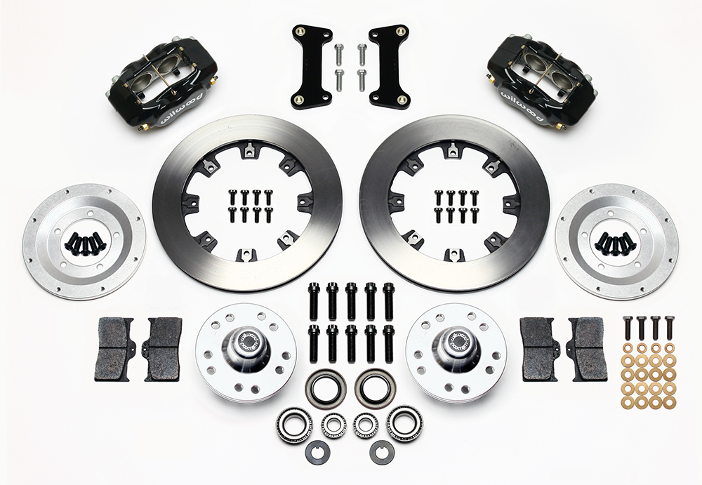 Wilwood Forged Dynalite Big Brake Front Brake Kit (Hub) Parts Laid Out - Black Powder Coat Caliper - Plain Face Rotor