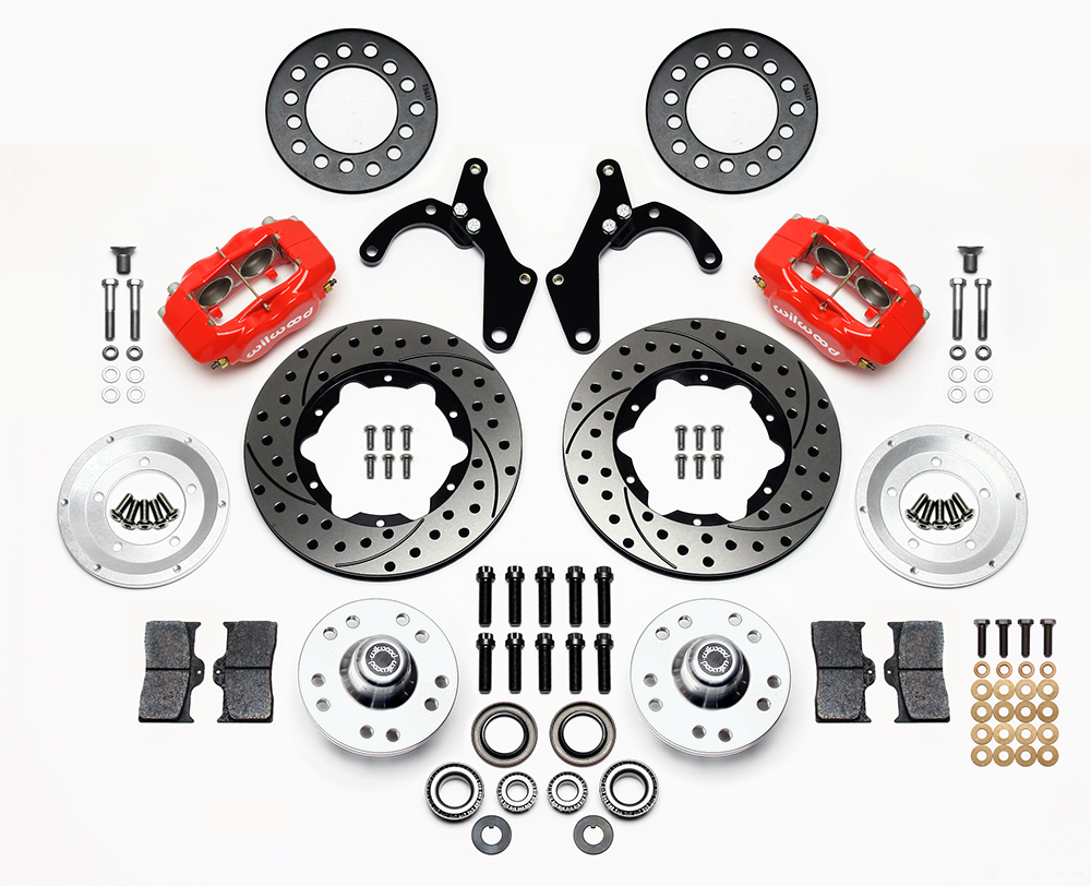 Wilwood Forged Dynalite Pro Series Front Brake Kit Parts Laid Out - Red Powder Coat Caliper - SRP Drilled & Slotted Rotor