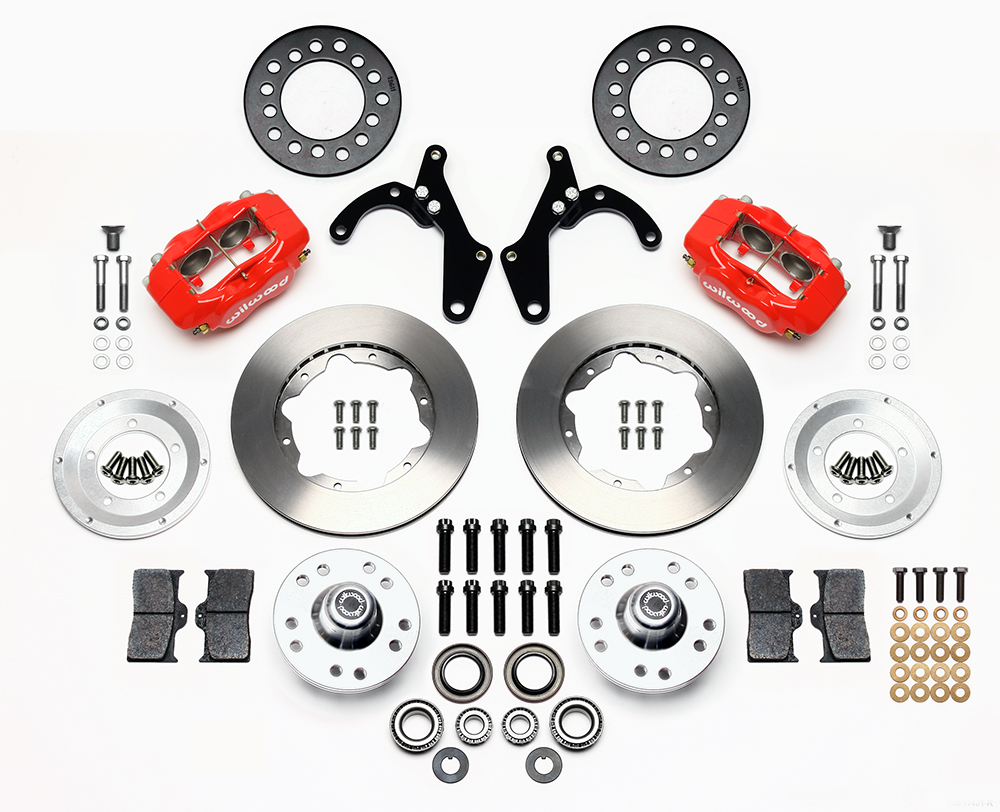 Wilwood Forged Dynalite Pro Series Front Brake Kit Parts Laid Out - Red Powder Coat Caliper - Plain Face Rotor